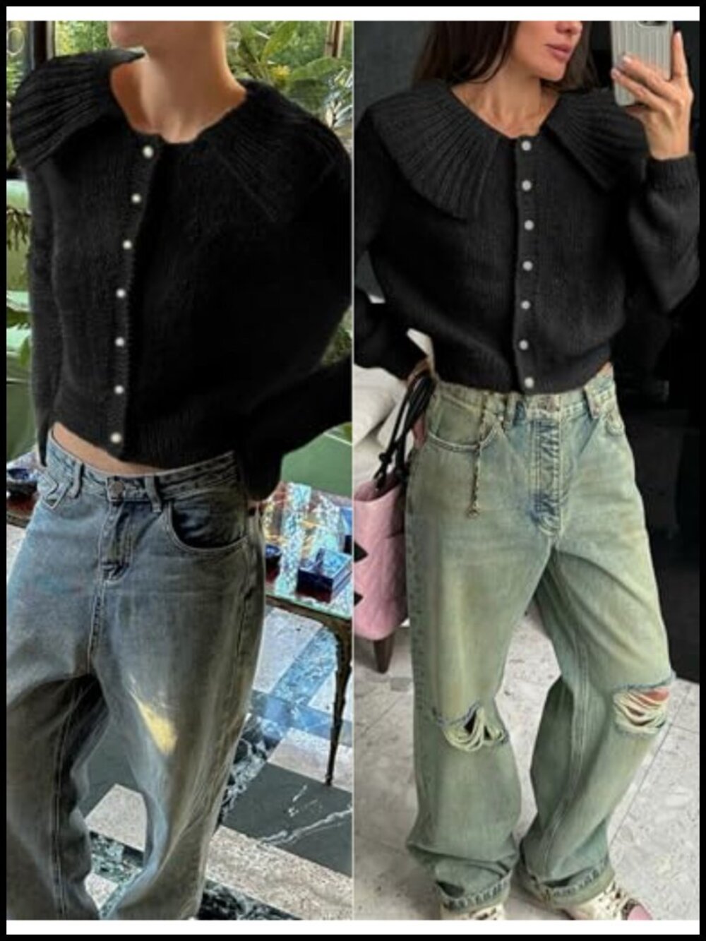 Women's Cropped Cardigan Button Front Ruffled Collar Ribbed Hem - Picture 5 of 6
